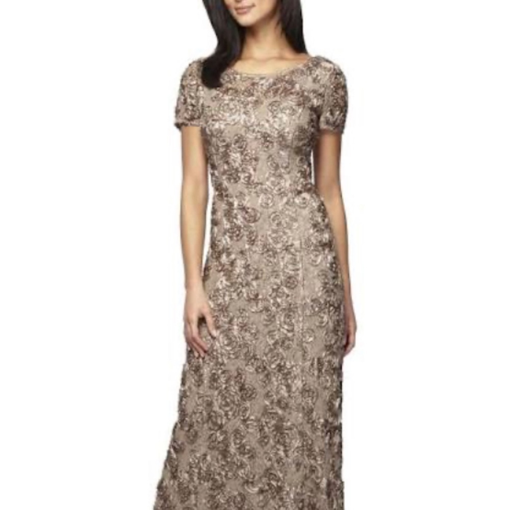 Alex Evenings Taupe Sequin Floral Lace Evening Gown